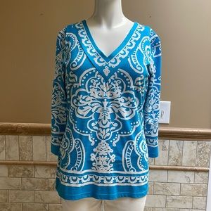 NWT BARBARA GERWIT Women's Lightweight 3/4 Sleeve, Aqua Blue Cotton Tunic Size L